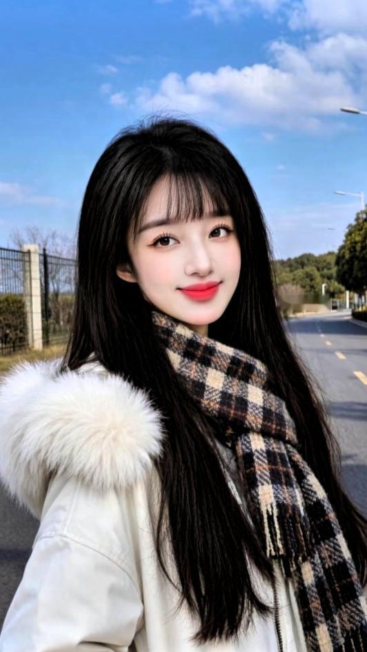 冬日暖阳下的甜美少女，毛绒外套与格子围巾的完美搭配，尽显温柔与时尚。🌞👗👒