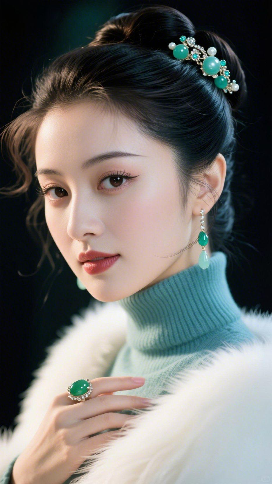 《青翠饰的轻润韵致》
 
浅青瓷色针织裹着绒软肌理，外披白绒如揉开的雪，衬得襟前