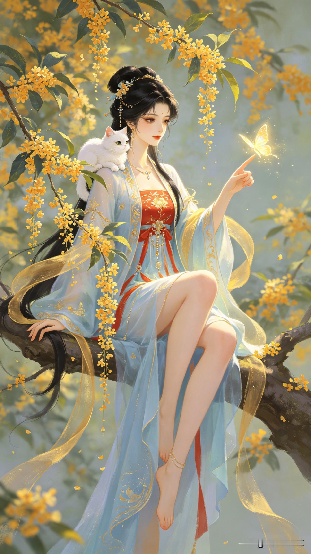 鹧鸪天·桂下戏蝶

金粟枝头压画栏，
轻纱如雾透微寒。
狸奴卧肩贪午睡，
玉指停