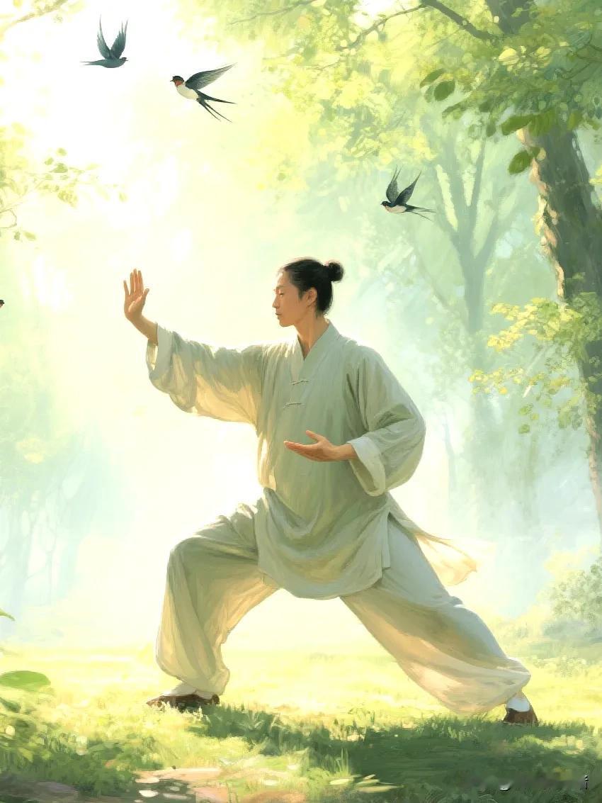 晓入幽林日影斜，清风拂袂弄烟霞。一招一式乾坤转，拳意融林鸟作笳。