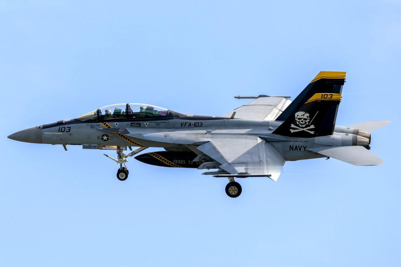战机欣赏：美国海军VF-103中队装备的FA-18E/F战斗机。该中队的标志是机