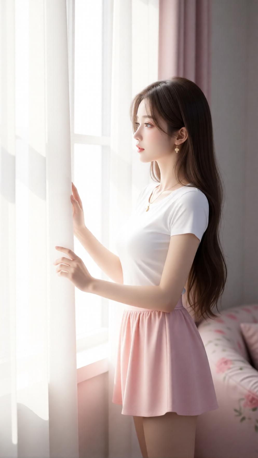 少女心满满，粉色裙摆随风飘动，阳光洒进来的瞬间，温柔至极。