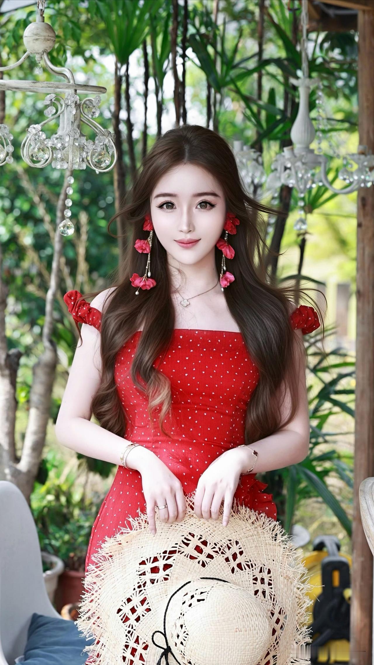 夏日红裙少女，优雅与自然的完美融合🌸👗🌿