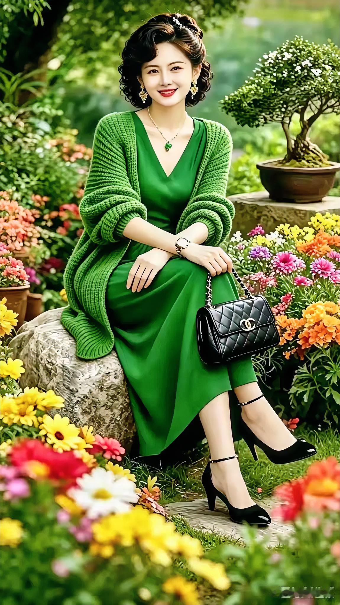 穿绿色裙子的女士在花园里坐着。
