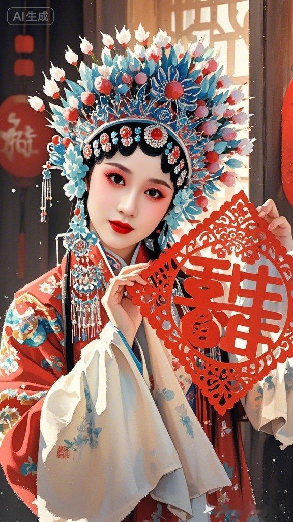这位美女穿着华丽的传统服饰，手里拿着剪纸。