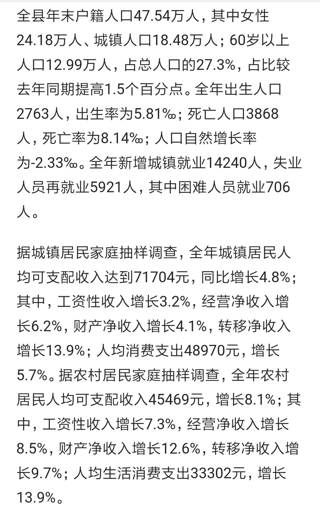 湖州市安吉县公布2023年户籍人口数据
去年全县户籍人口47.54万人，一年增加