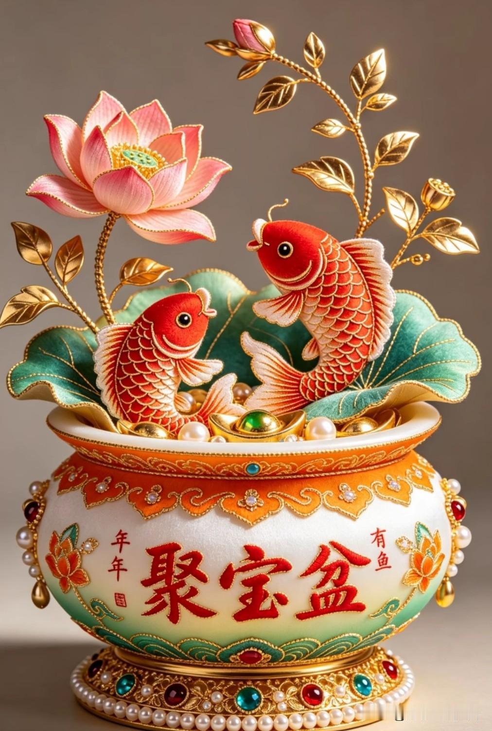 双鲤衔金入宝盆，
一池荷韵聚千金。