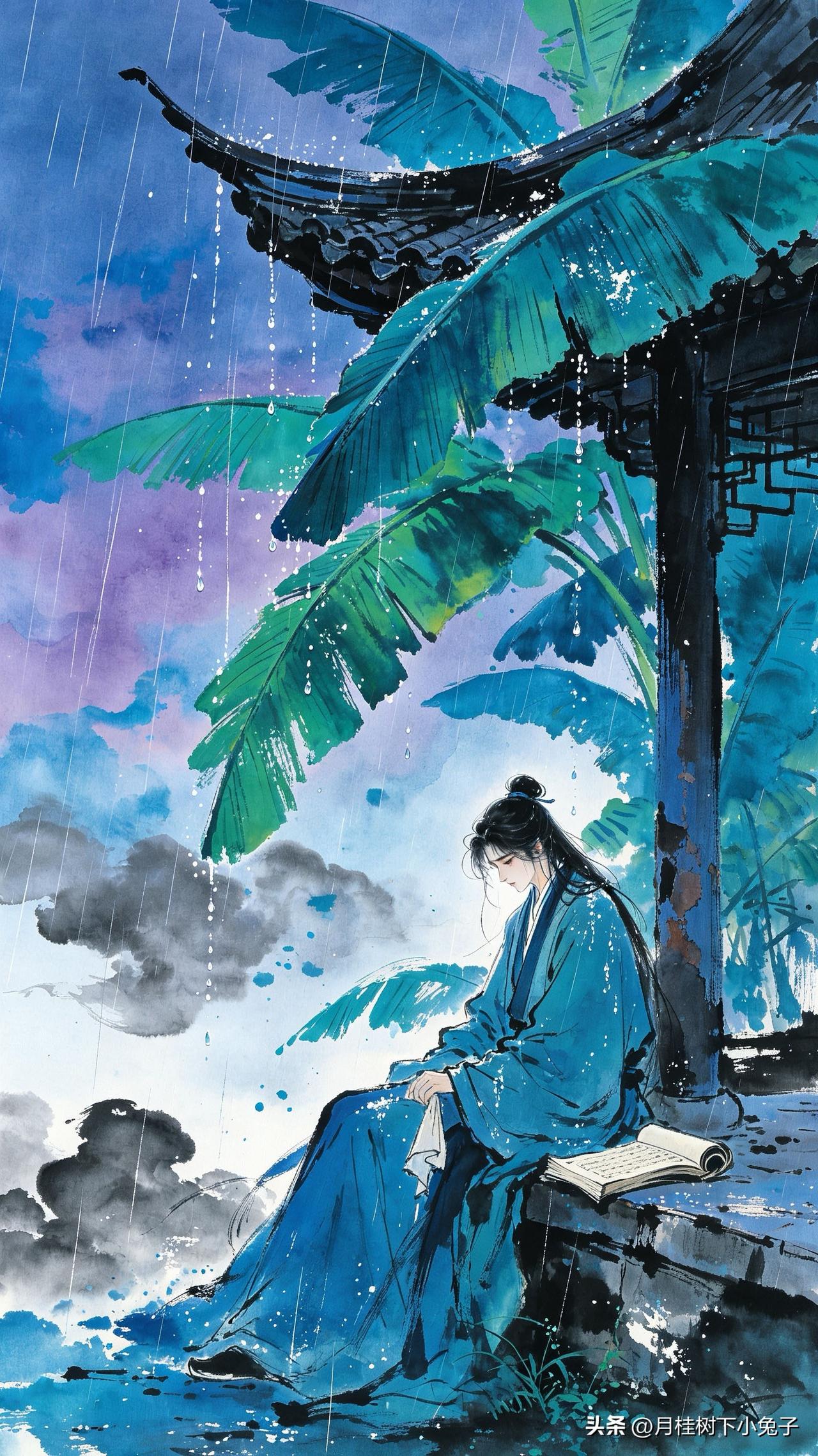 檐角泠泠浸旧衣，
芭蕉叶上泪空垂。
愁肠百结谁能解，
      
…………请师