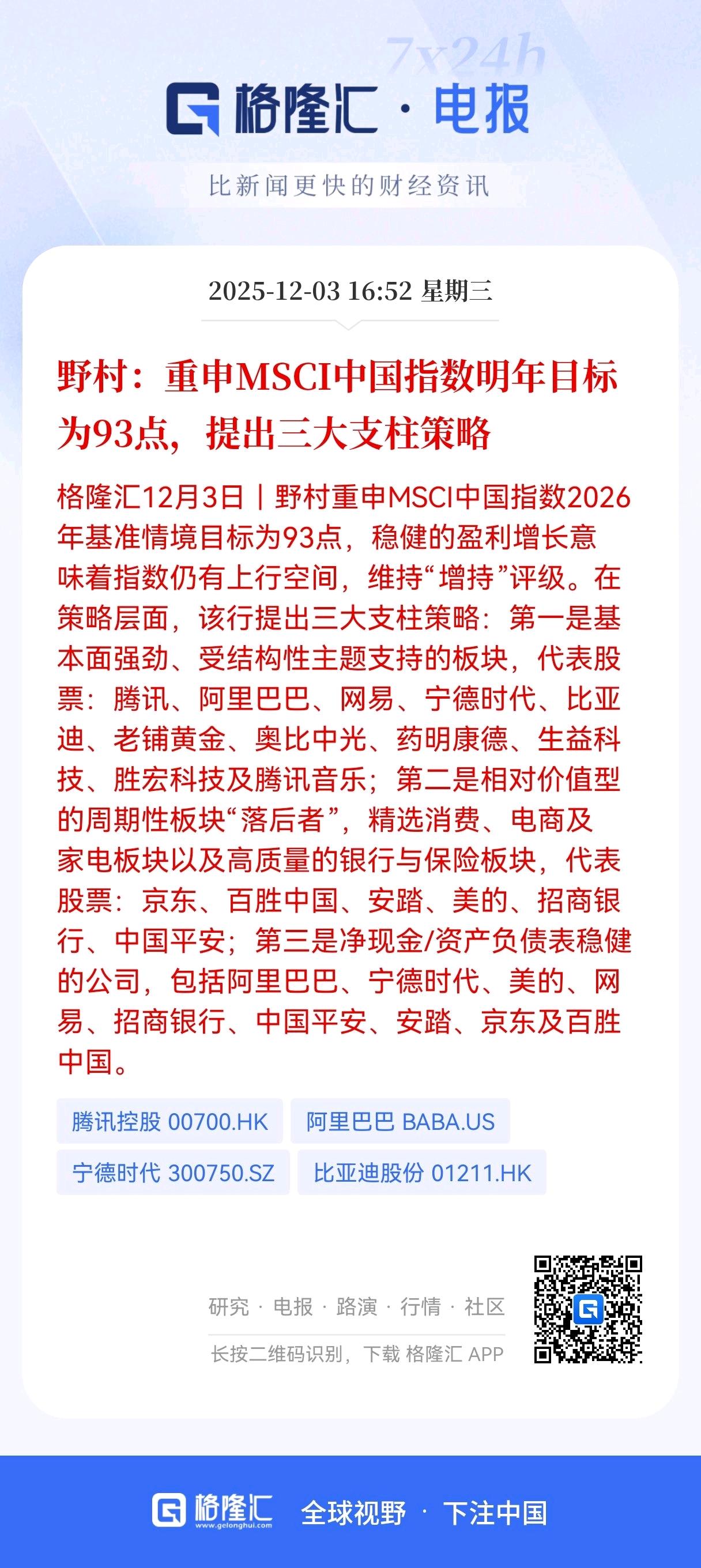 重磅利好来了！
野村重申明年MSCI中国指数剑指93点，
维持“增持“评级，这三
