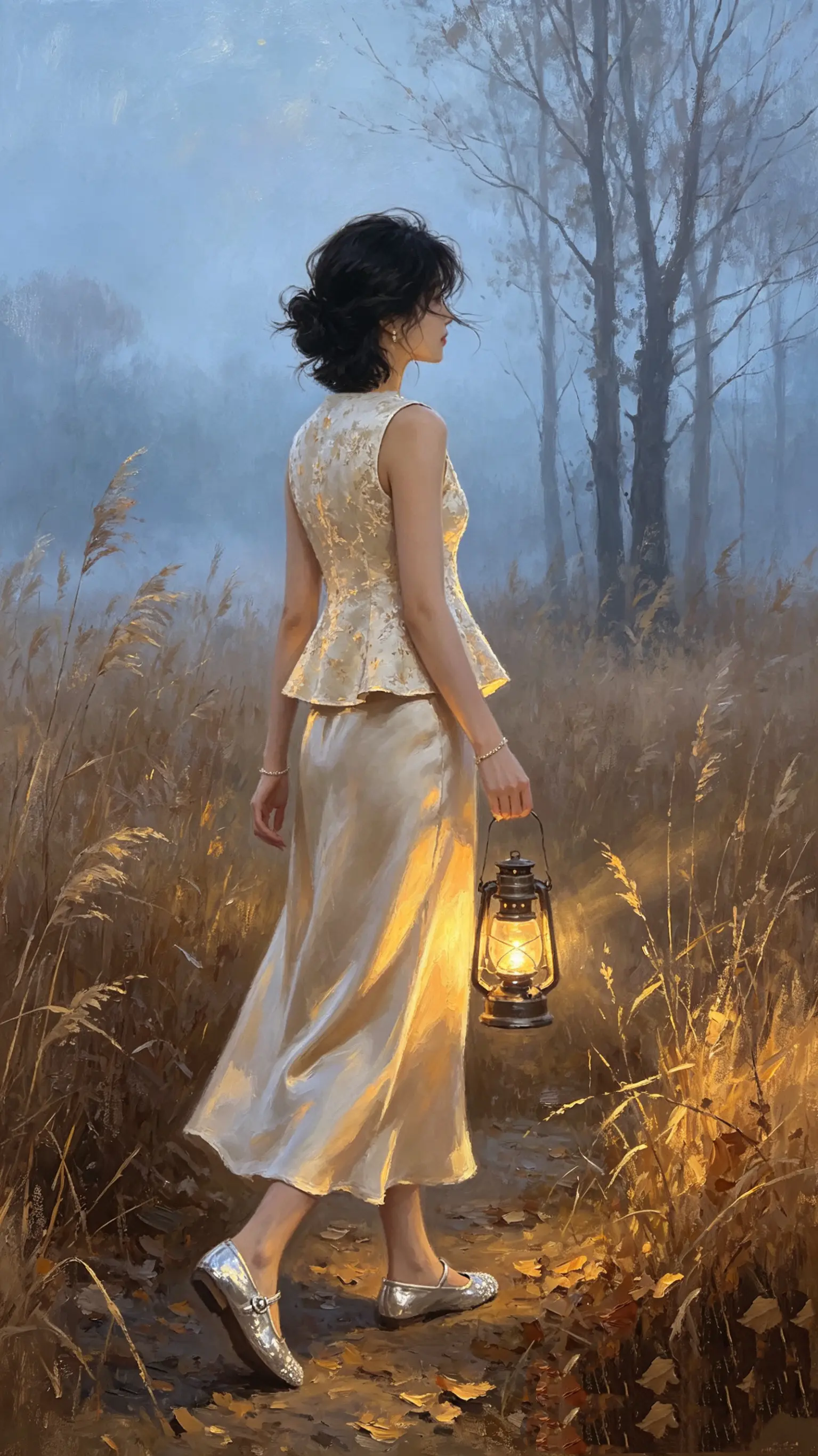 《雾中灯》秋草漫过脚踝时 雾把林梢揉成淡蓝的影 她提着光走—— 裙裾是...