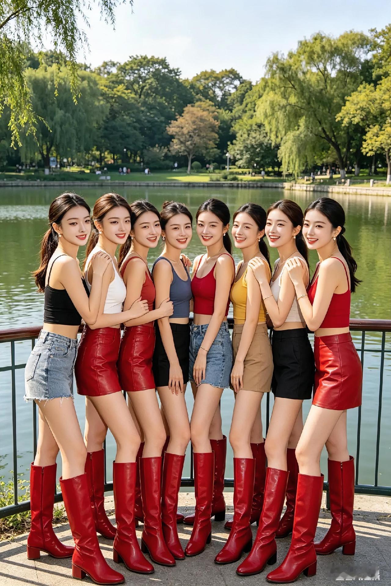 青春洋溢的闺蜜照，红靴子与绿树相映成趣！🌿👠👭
公园闺蜜合影 
少女感闺蜜