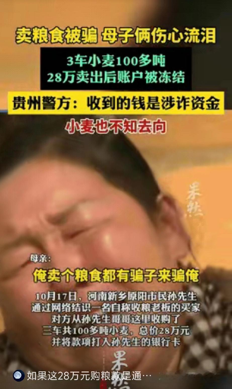 新乡一对母子辛辛苦苦种的小麦，三车拉走100多吨，卖了28万，刚高兴没一会儿，银