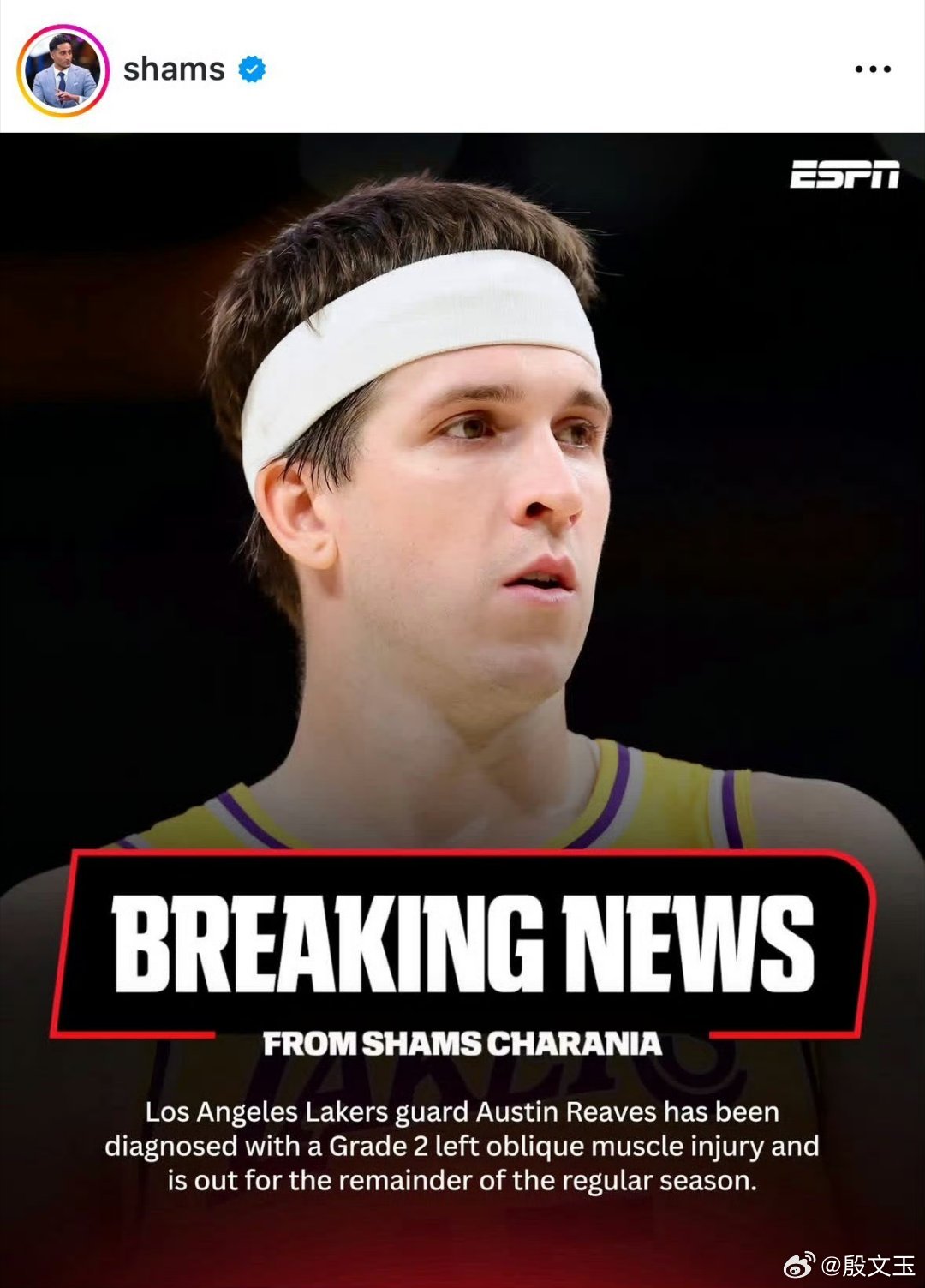 里夫斯遭遇二级腹斜肌拉伤，预计将缺阵4-6周，常规赛报销 。湖人常规赛还剩下5场