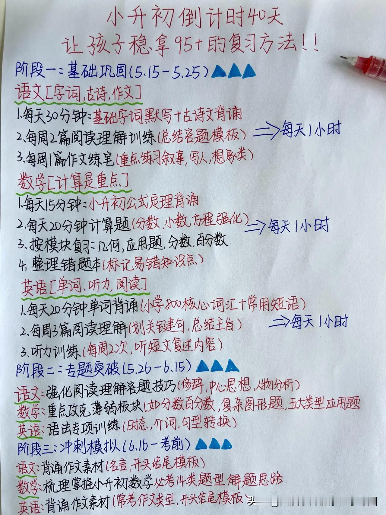 火箭班老师发的六下小升初40天复习计划‼️