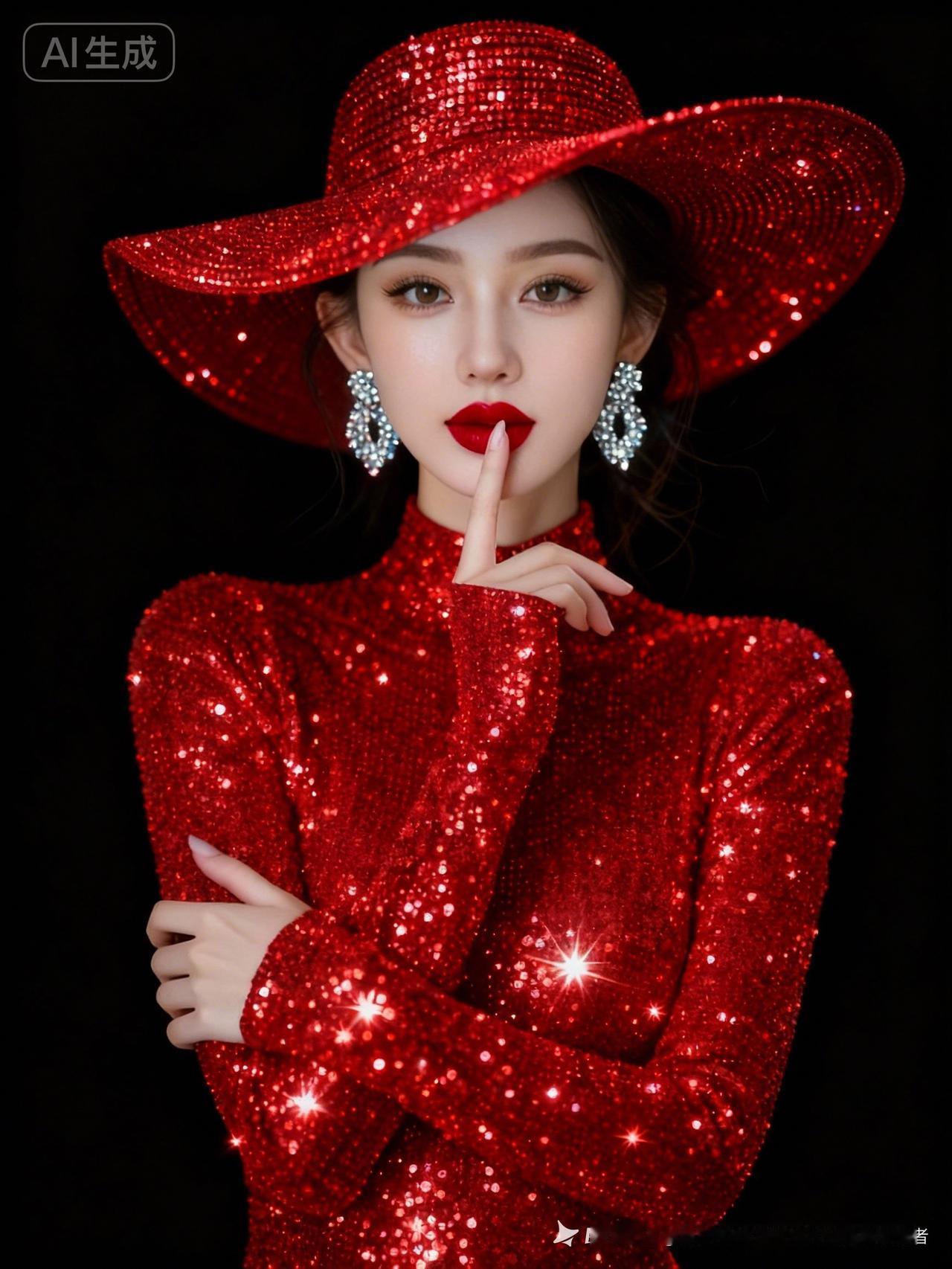 闪耀红衣女郎，神秘红唇，指尖轻触，魅力无限！💃✨