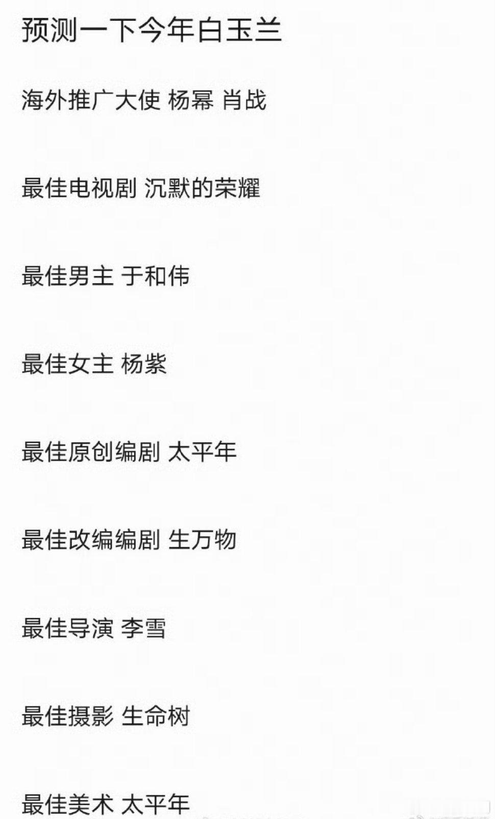 豆瓣预测白玉兰名单预测海外大使杨幂肖战最佳男女主角于和伟杨紫我感觉《生万物》导演