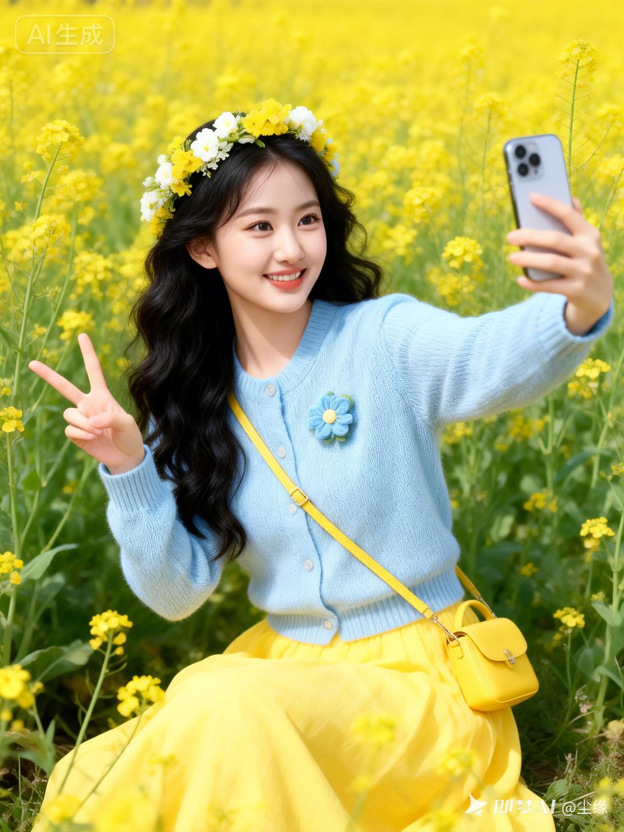 一个女孩在花田里自拍，微笑着比V字手势。