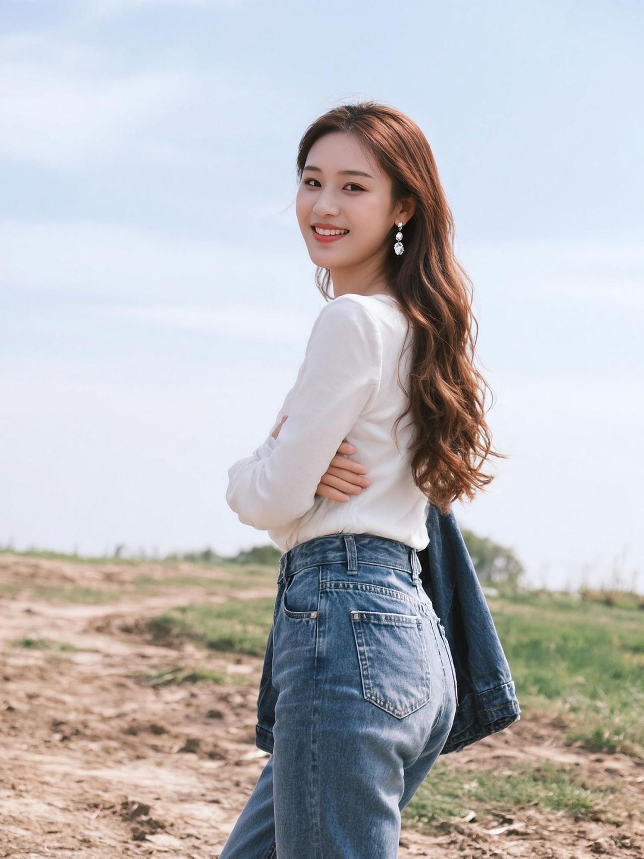 阳光洒在牛仔与白衬衫的搭配上，仿佛连空气都染上了温暖的色调。背景的模糊绿意，像是