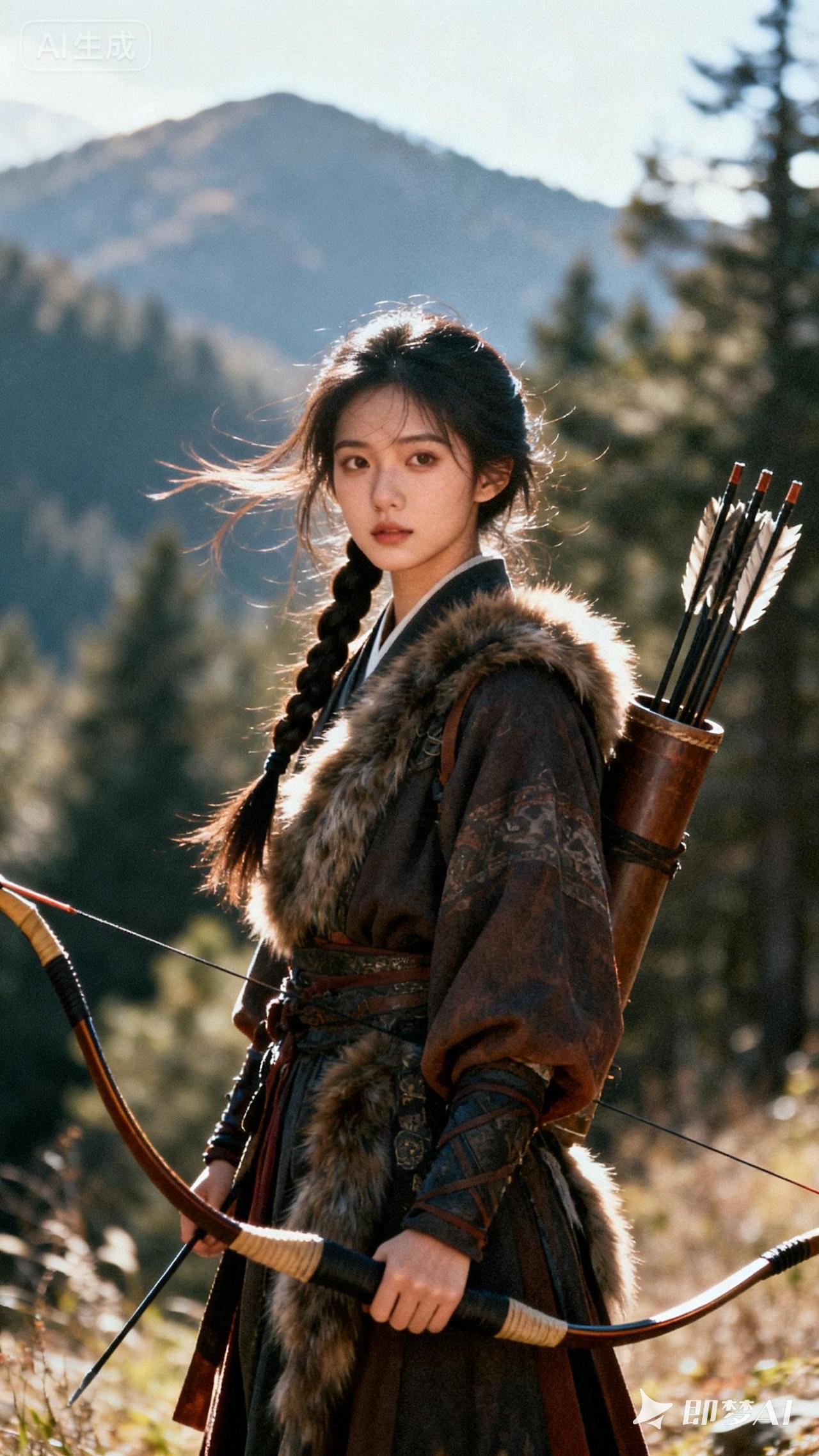 想象一下，有个穿越时空的弓箭少女，宛如森林中的狩猎女神。她身着轻便猎装，背着精致