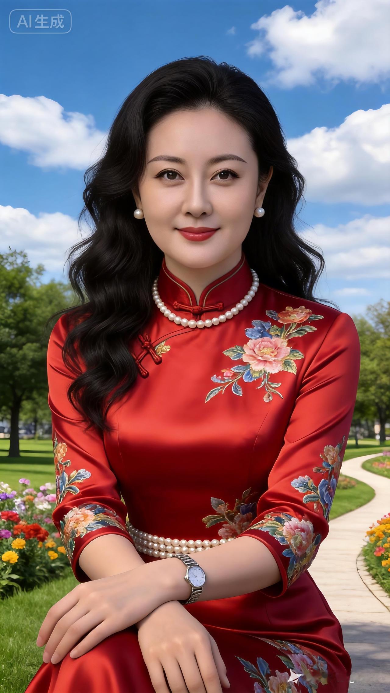 红衣美人倚花丛，笑语盈盈意自浓。
