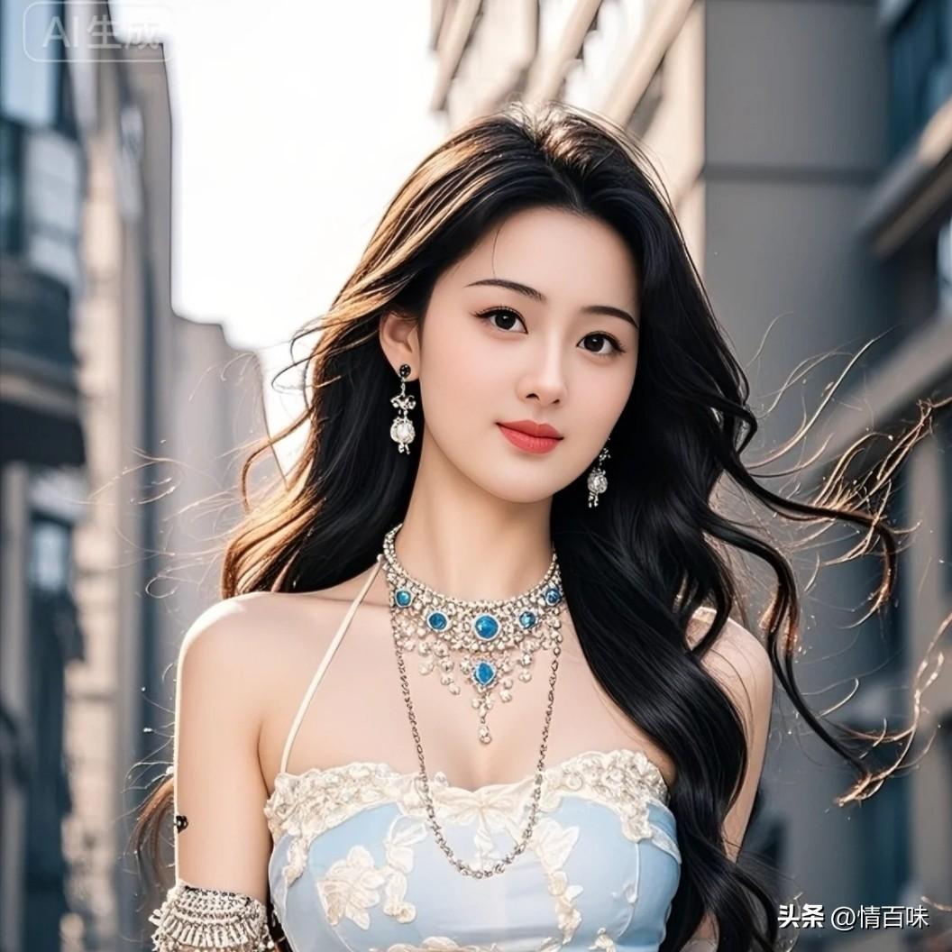 风华绝代的东方美女，绝美的脸蛋，AI妙生图 梦幻蓝裙少女，优雅珠宝闪耀，都市街头