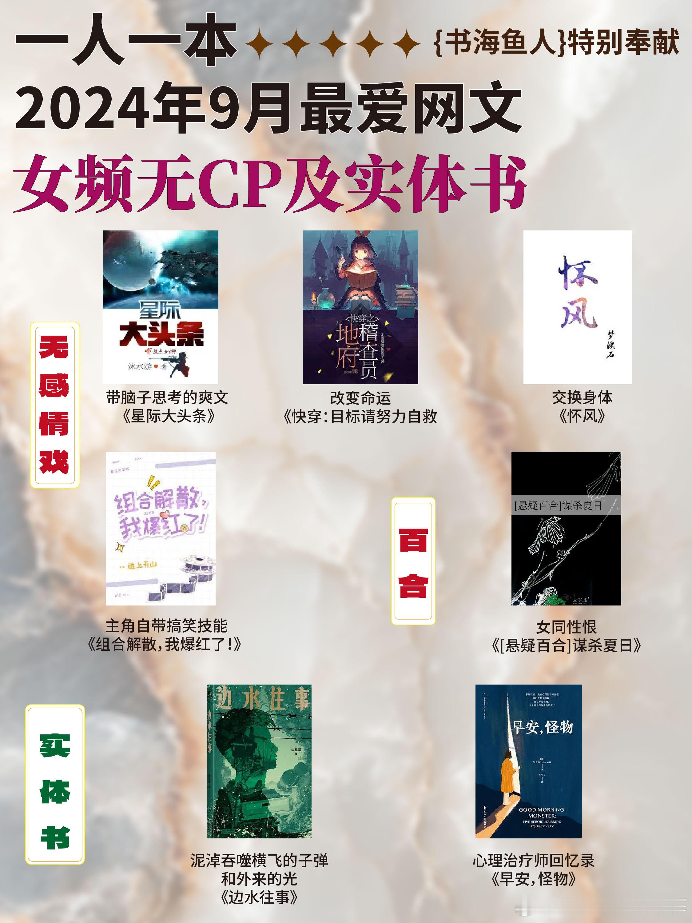 书海鱼人  扫文记录  【书鱼扫文·女频无CP，百合及实体书】：一人一本2024
