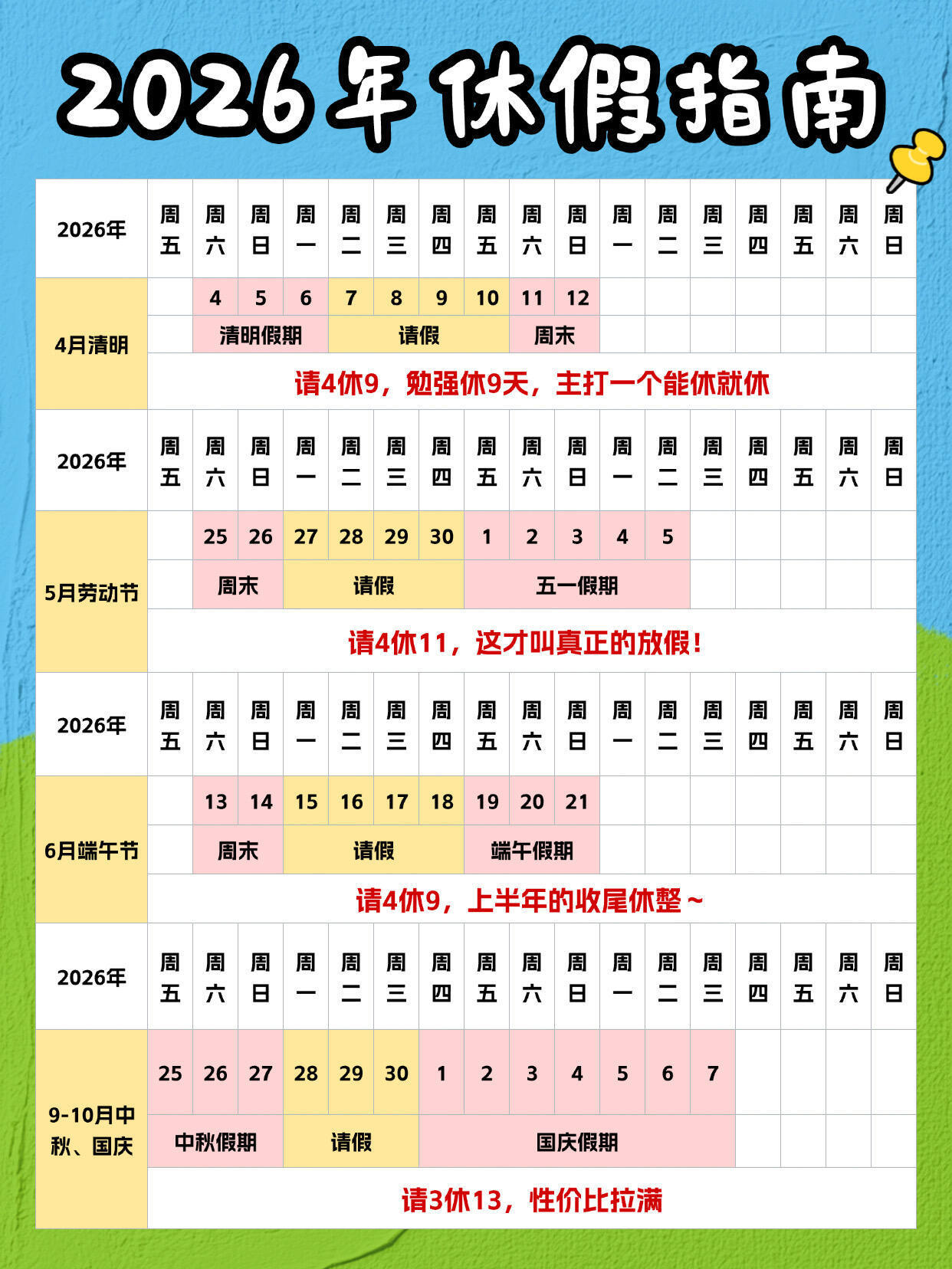 清明拼假4天休9天这得多拼才敢这么拼呀？真要这么拼的话说不定可以直接休息到过年！