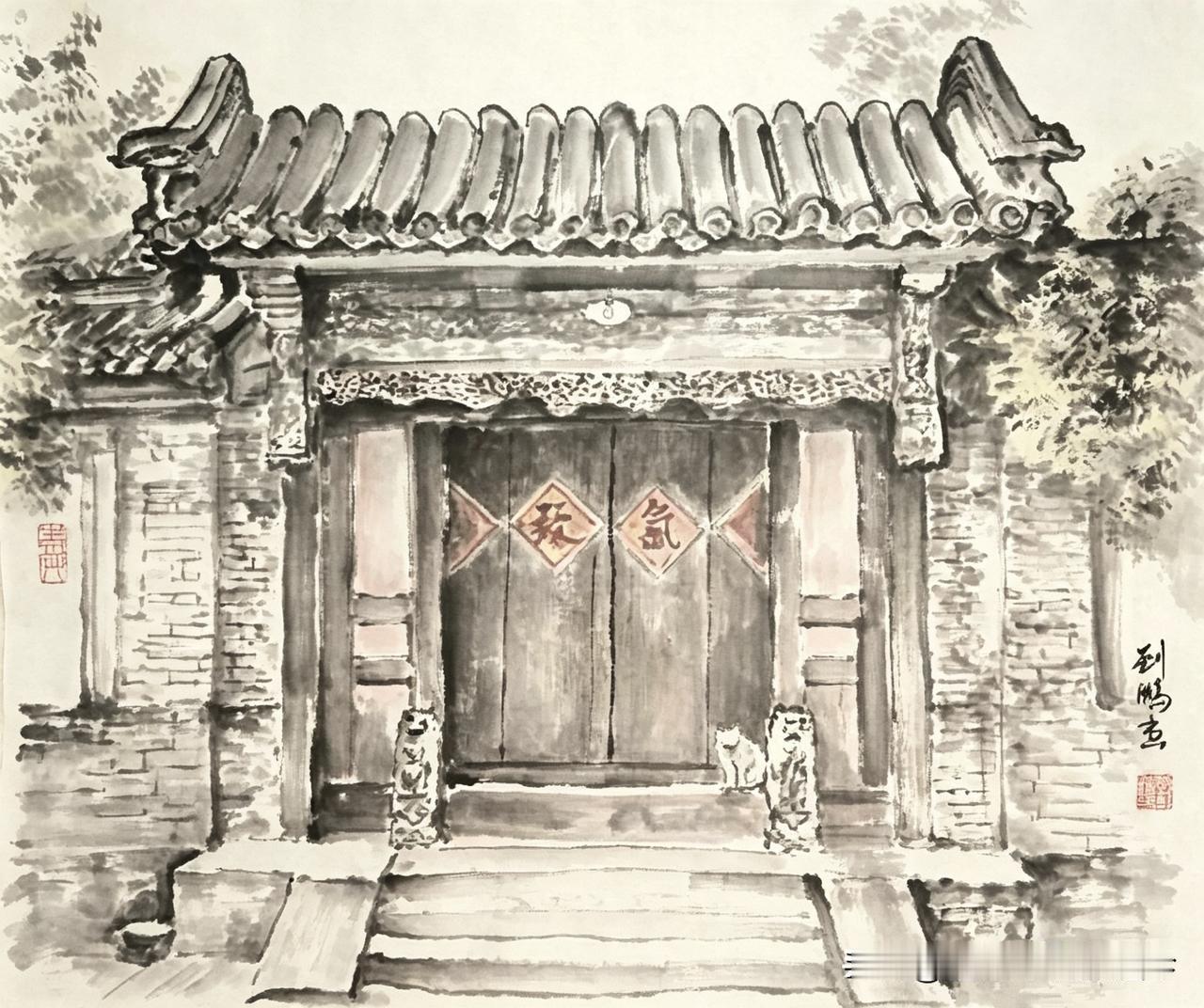 分享今日小画北京胡同《四合院门》水墨画儿欣赏