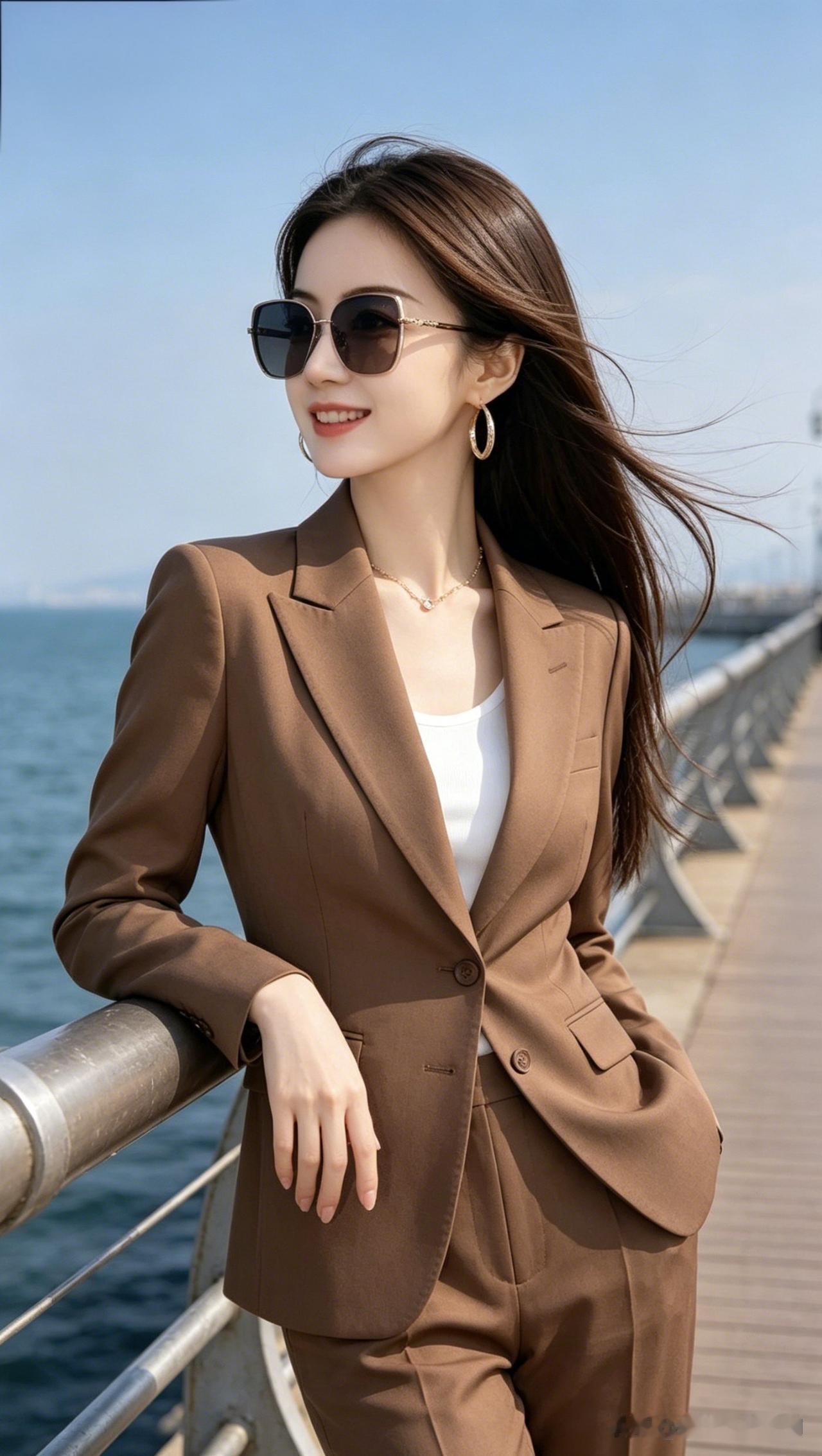 都市女郎海滨风范，棕色西装搭配白色内搭，尽显优雅与自信！🌊👠💄