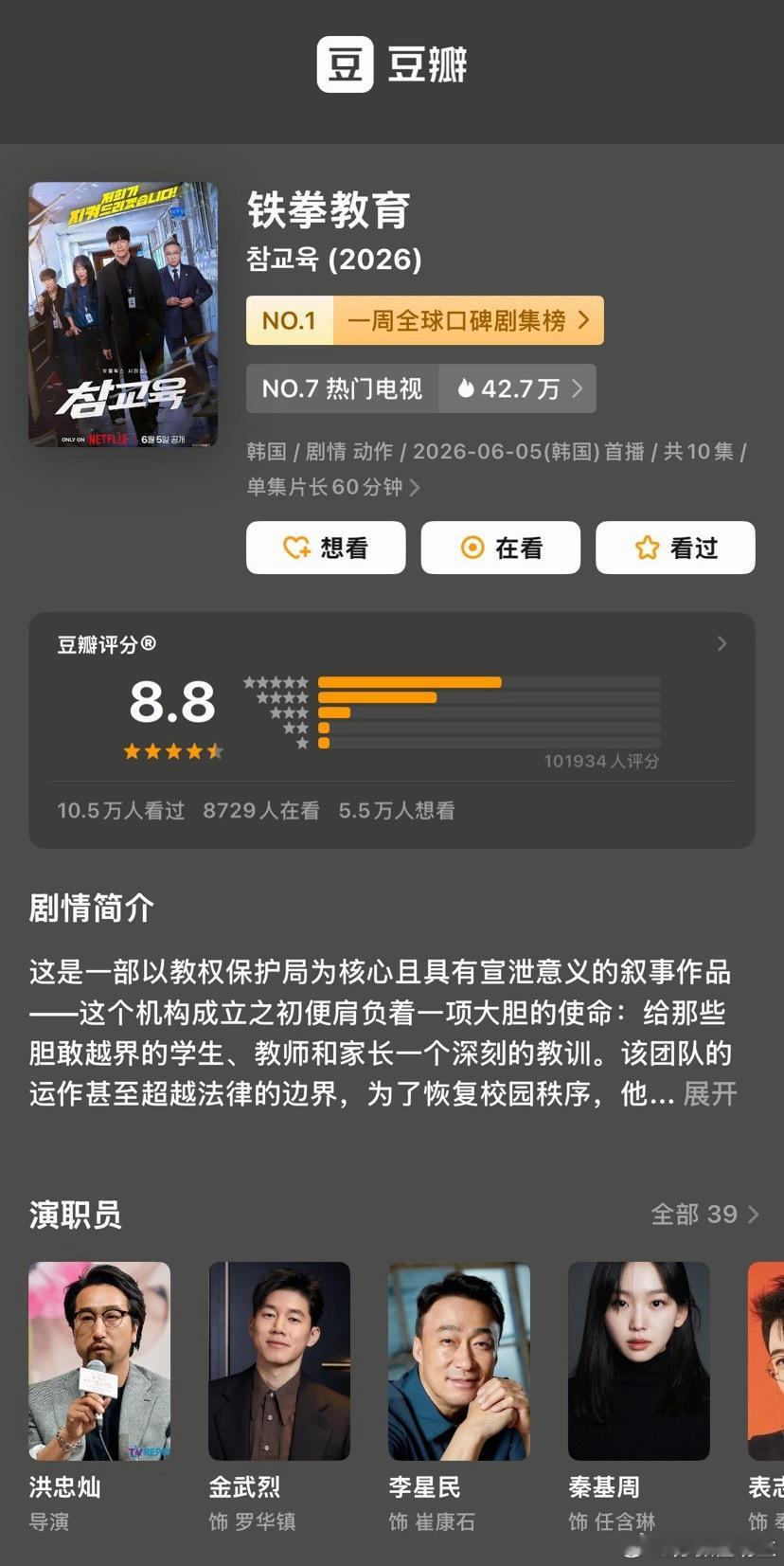 铁拳教育DB超十万人数打分最后评分8.8分，并且荣登一周全球口碑剧集榜第一名🥇
