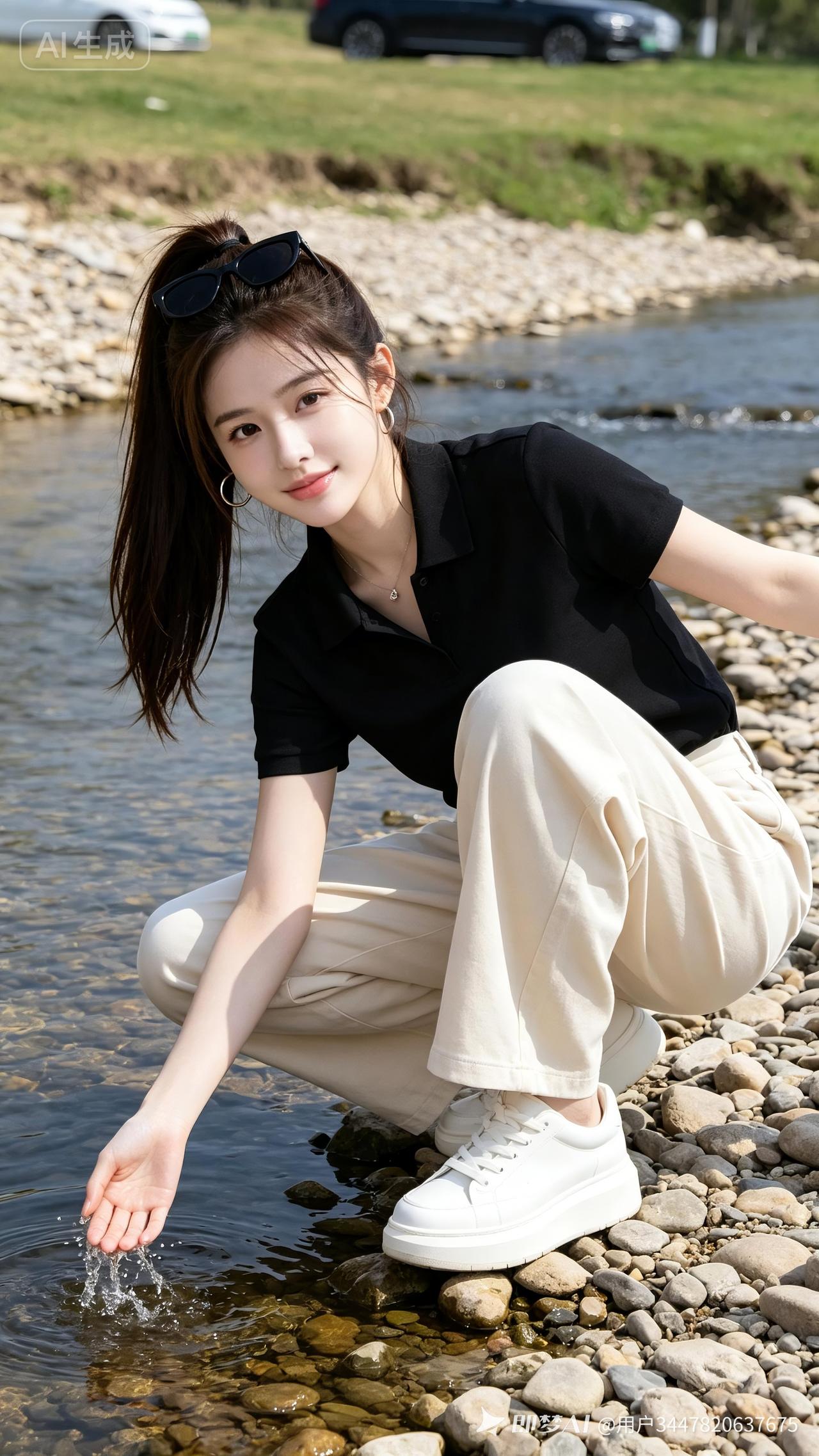 溪畔卵石滩少女半蹲撩水，指尖漾起晶莹水花。黑Polo配杏色垂感长裤，银圈耳钉点缀