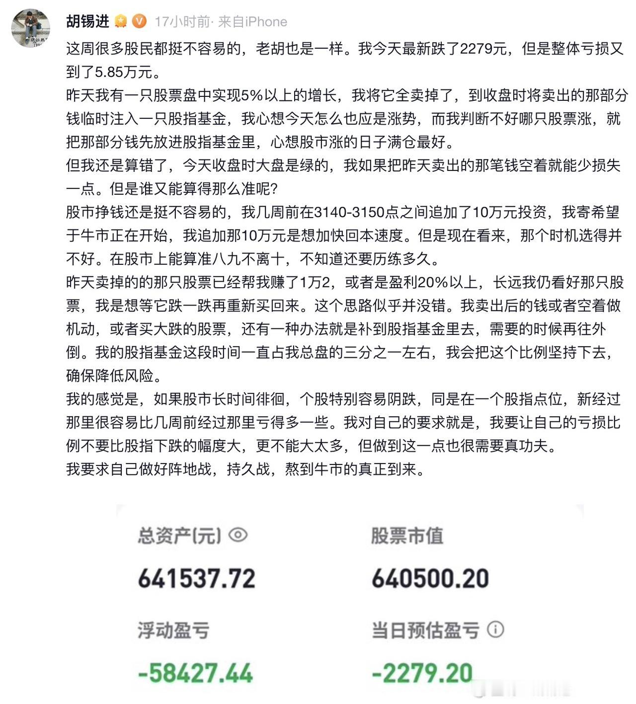 老胡炒个股也挺不同意的，一会赚一会亏。当然了目前亏损的这接近6万元对老胡其实带来