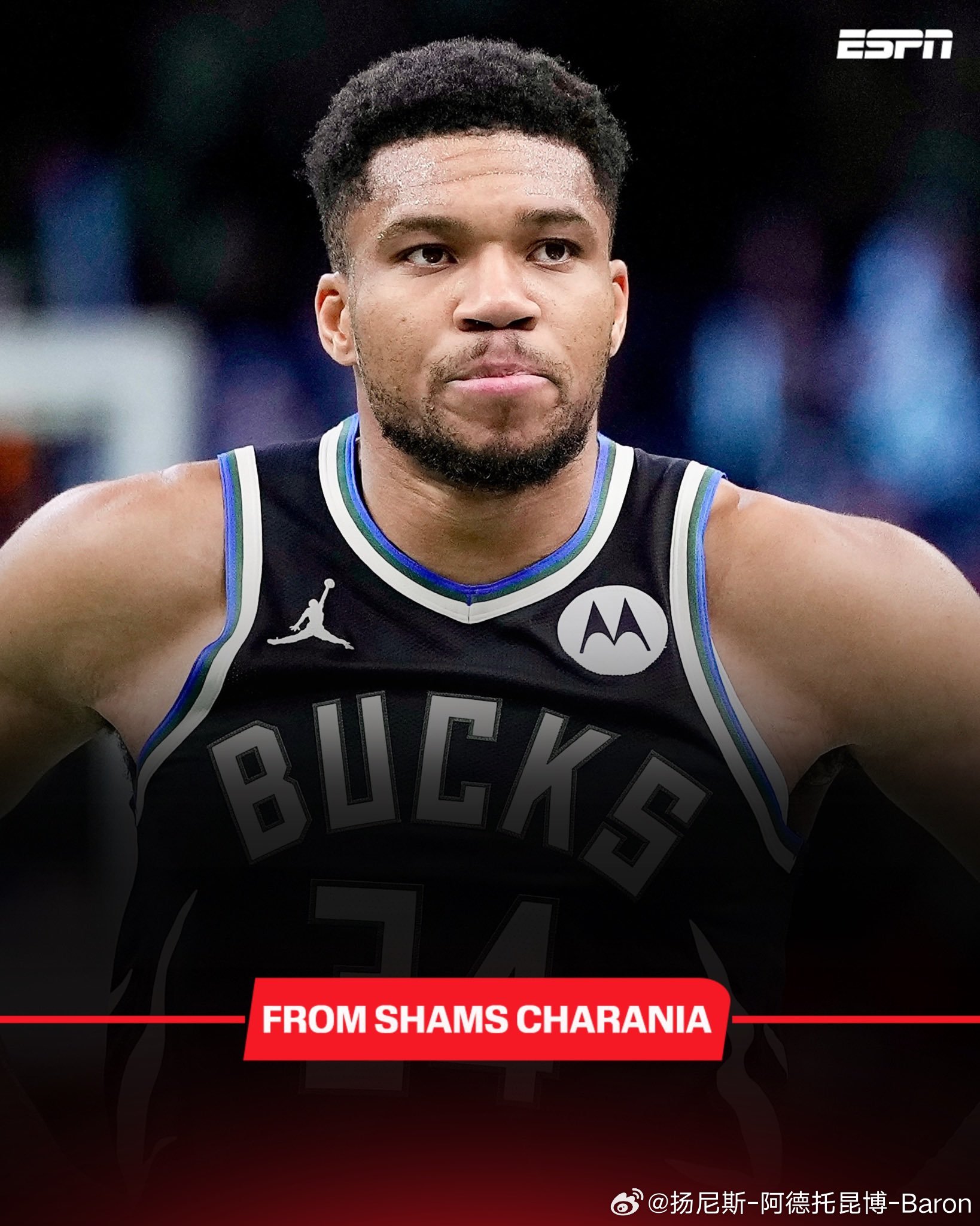 Shams：字母遭遇低级别左腹股沟拉伤，将缺席1-2周 