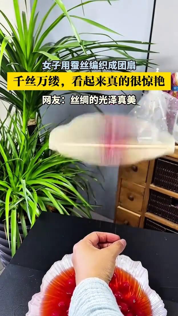 女子用蚕丝编织成团扇，千丝万缕，看起来真的很惊艳。网友：丝绸的光泽真美。