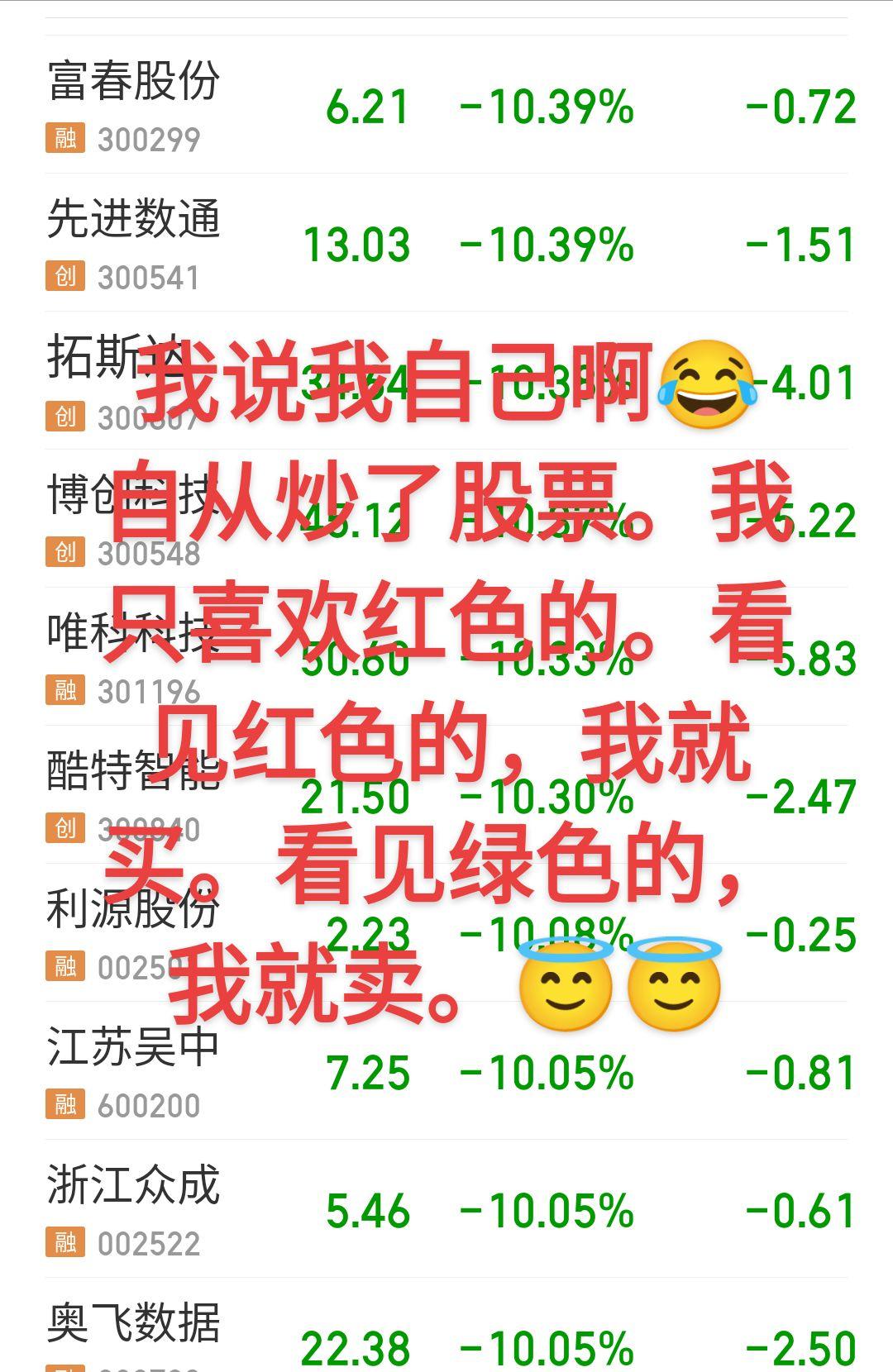 我买股票看见红色的就想买。一买就绿了。