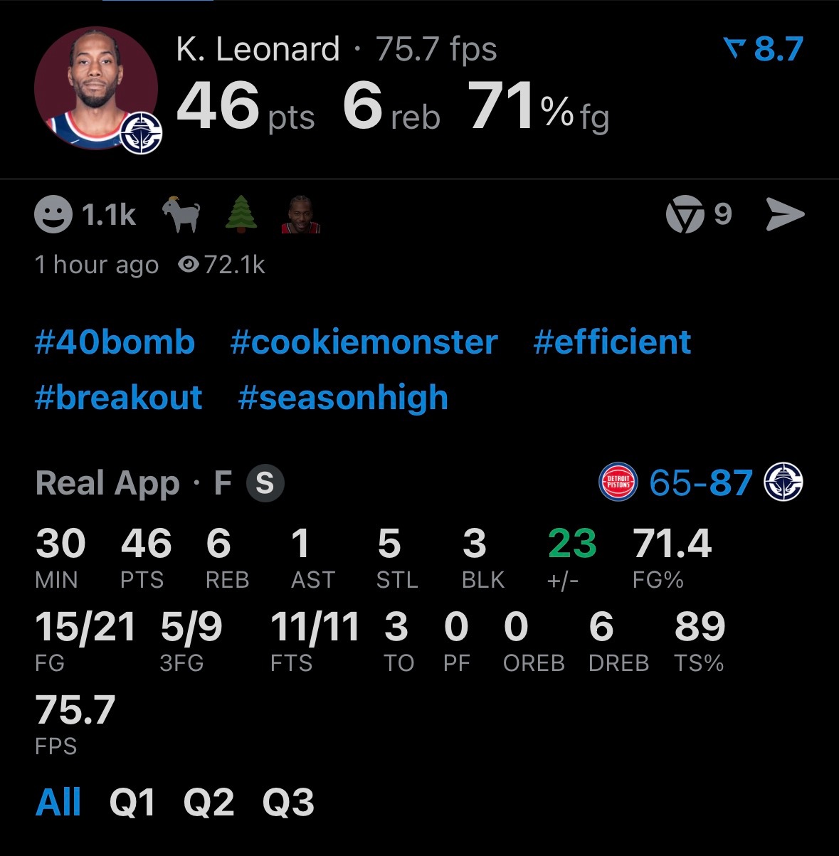 伦纳德半场25分 我的小卡啊，这已经是生涯新高了，而比赛甚至还有一节多没打！！自