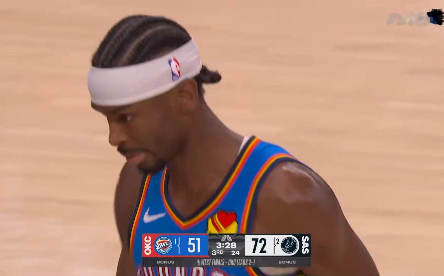 NBA  雷霆打停比赛，一看分差，21分。雷霆vs马刺