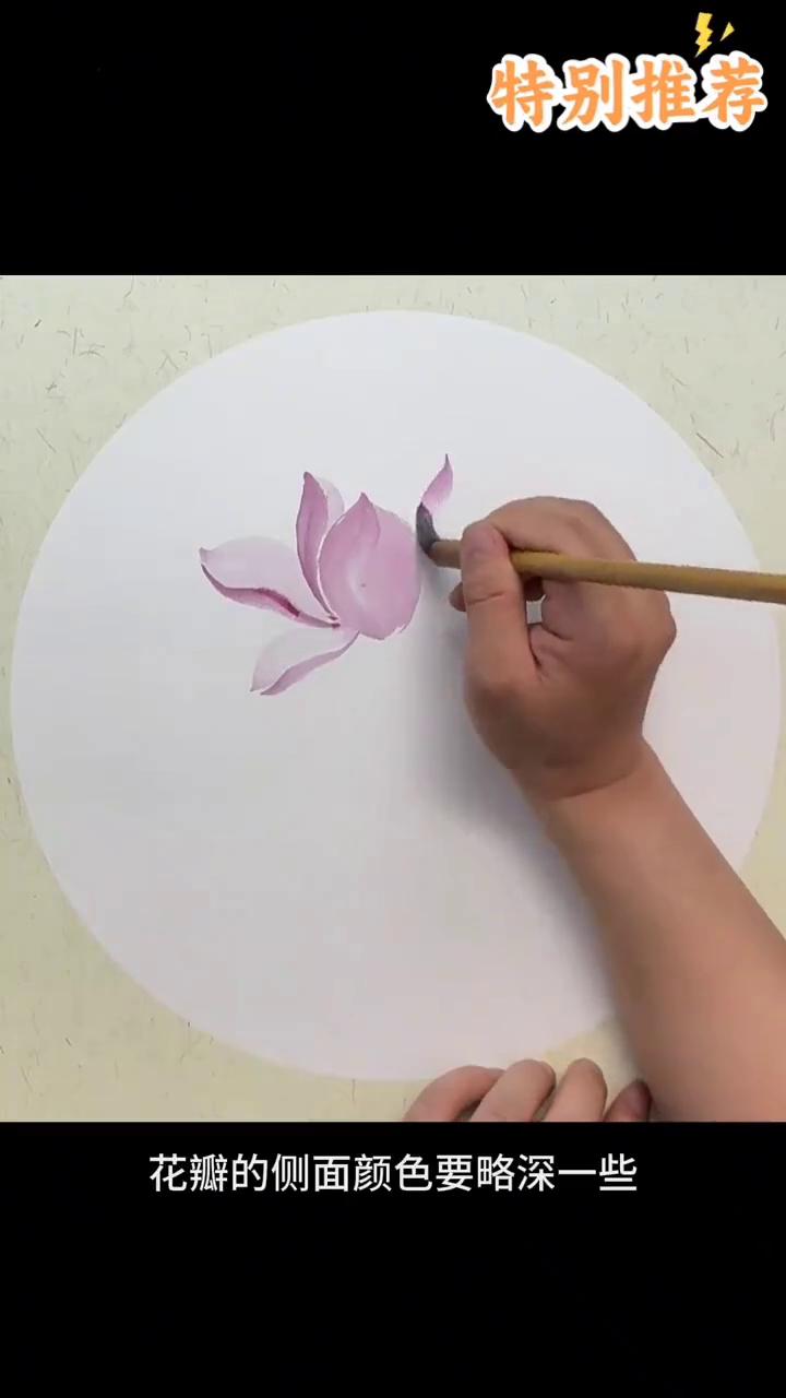 特别推荐：传播美术知识：玉兰花画法。
·笔肚调水，笔尖调淡紫色。
·按压拖笔，两