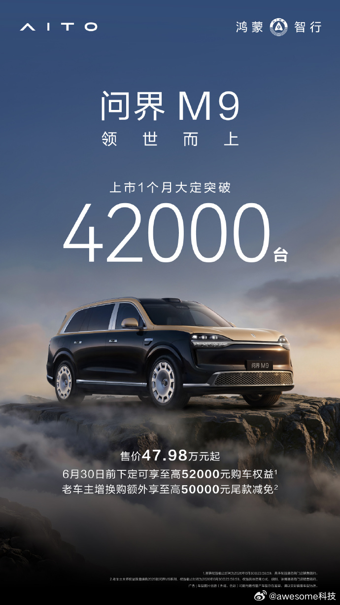 属实颠覆认知了！全新问界M9上市满月大定破42000台，价位不低订单反倒爆单，果
