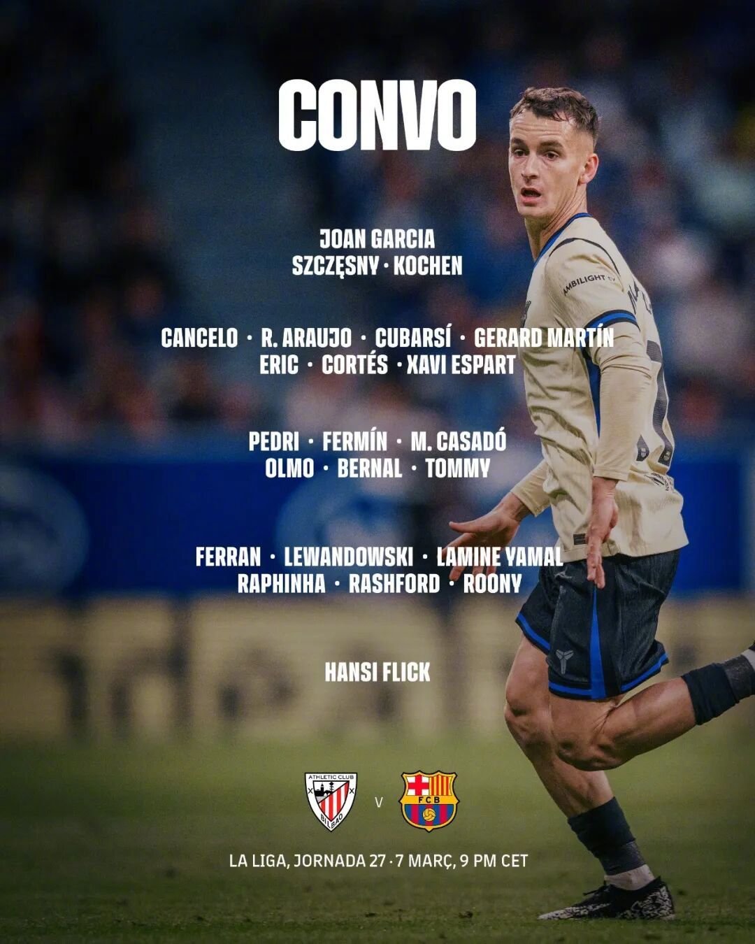 毕尔巴鄂竞技vs巴萨 大名单出炉🔥❌巴尔德、加维、克里斯滕森、德容、孔德缺席✅