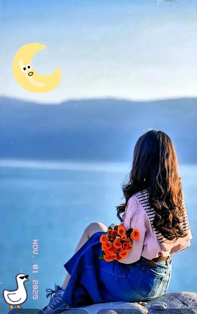在海边的一块岩石上，一位女子静静地坐着，手里捧着一束橙色的花。她穿着粉色的上衣和