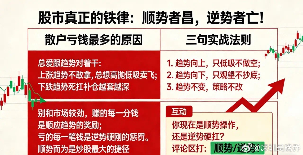 股市真正的铁律：顺势者昌，逆势者亡！散户亏钱最多的原因，就是总爱跟趋势对着干。上