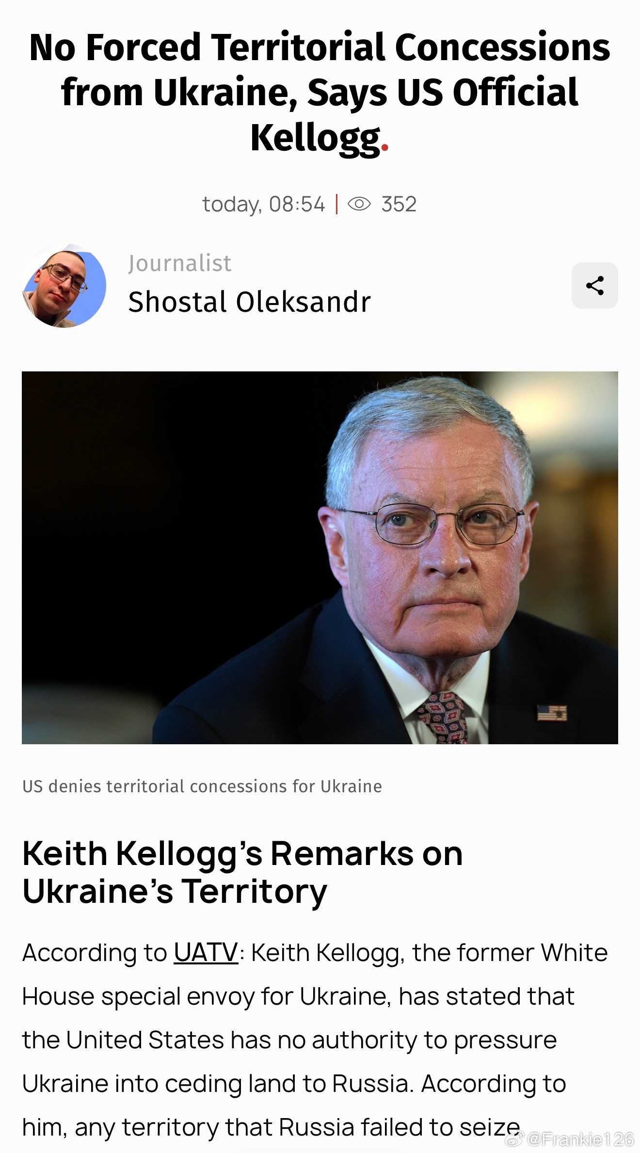 Kellogg：美國不應迫使烏克蘭割讓俄羅斯未能奪取的領土美國前白宮烏克蘭事務特
