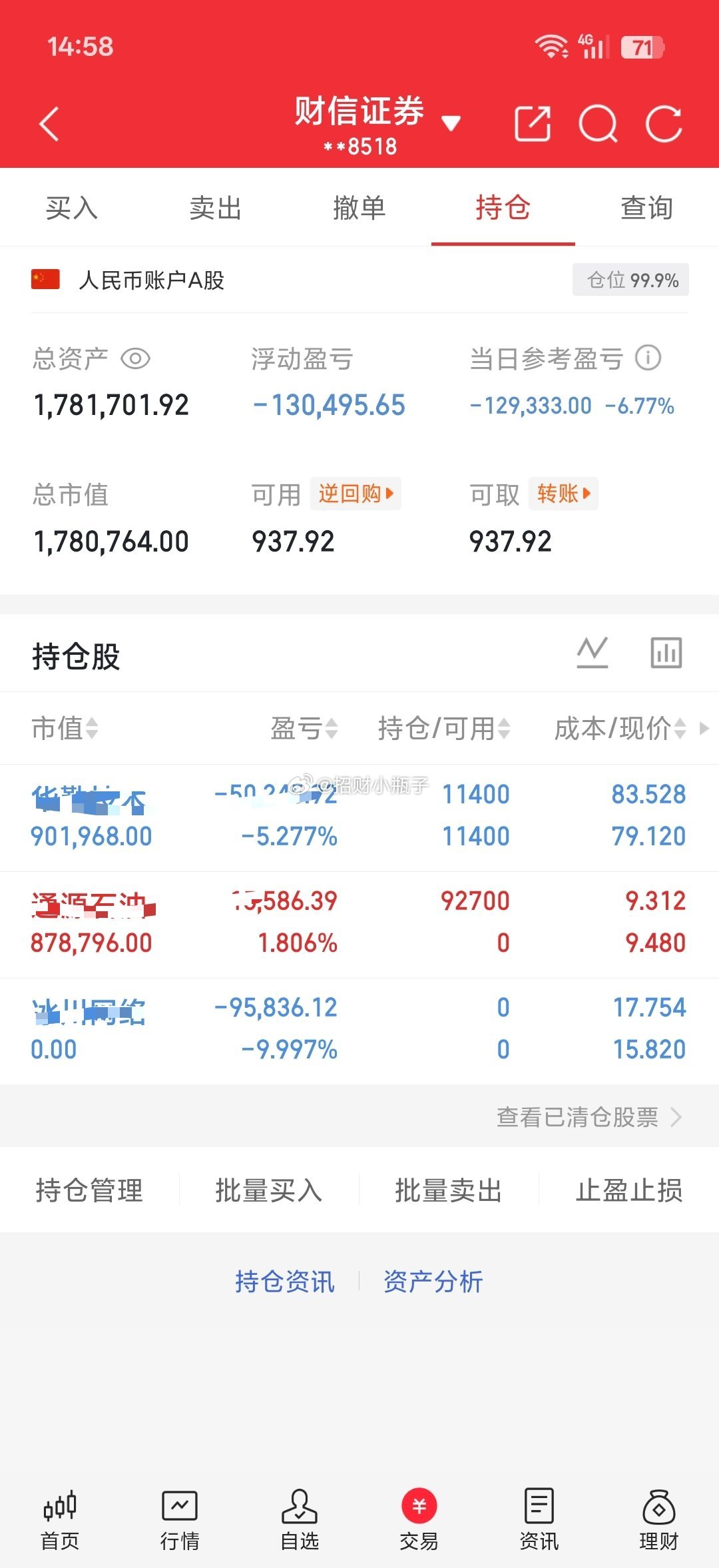 这行情太不稳定了，又是大调整的一天，冰川割肉上车通源石Y,其它都没动 