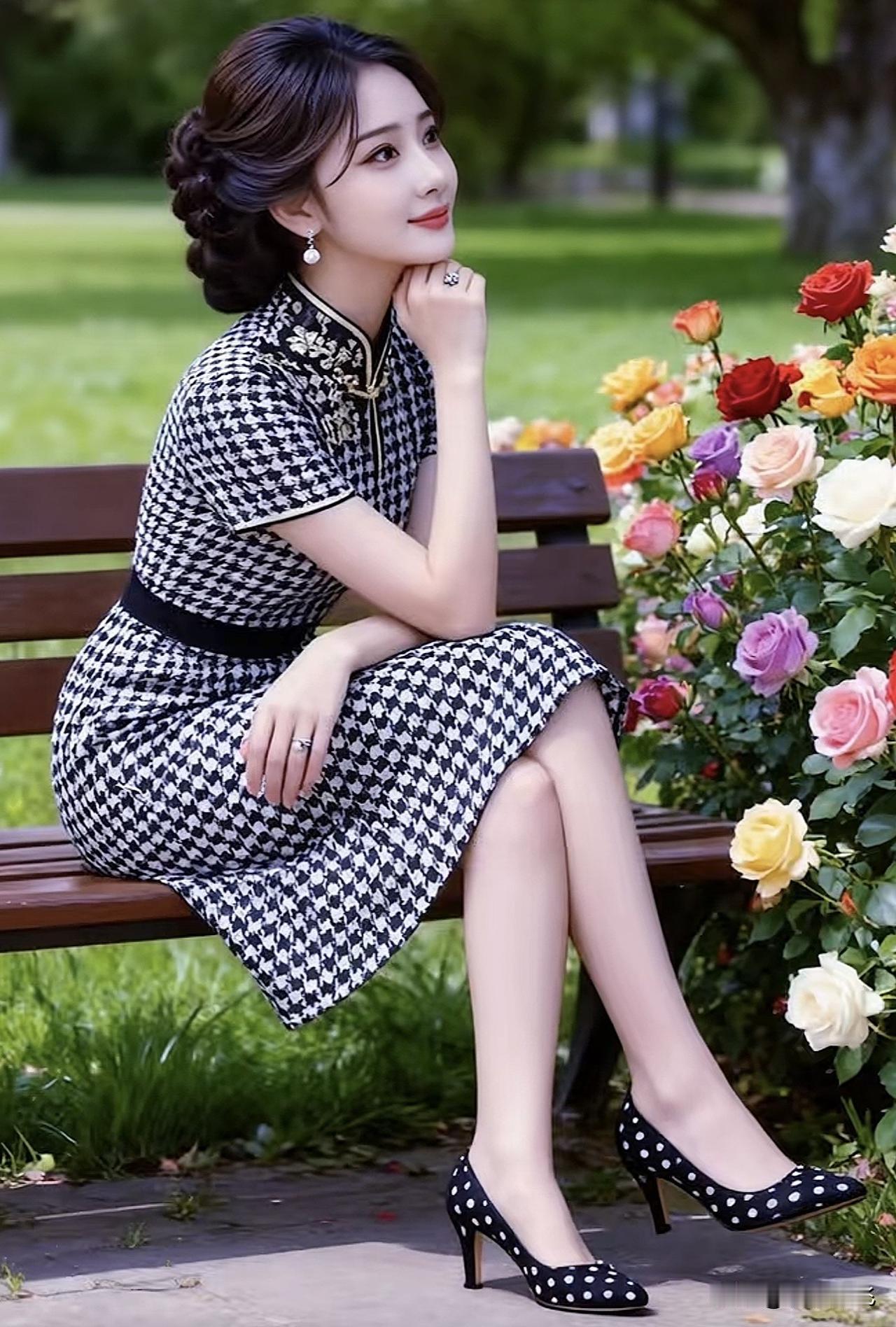 优雅复古风，黑白格纹裙，搭配珍珠耳环，花丛中的迷人少女。黑白格纹裙穿搭 格纹衬衫