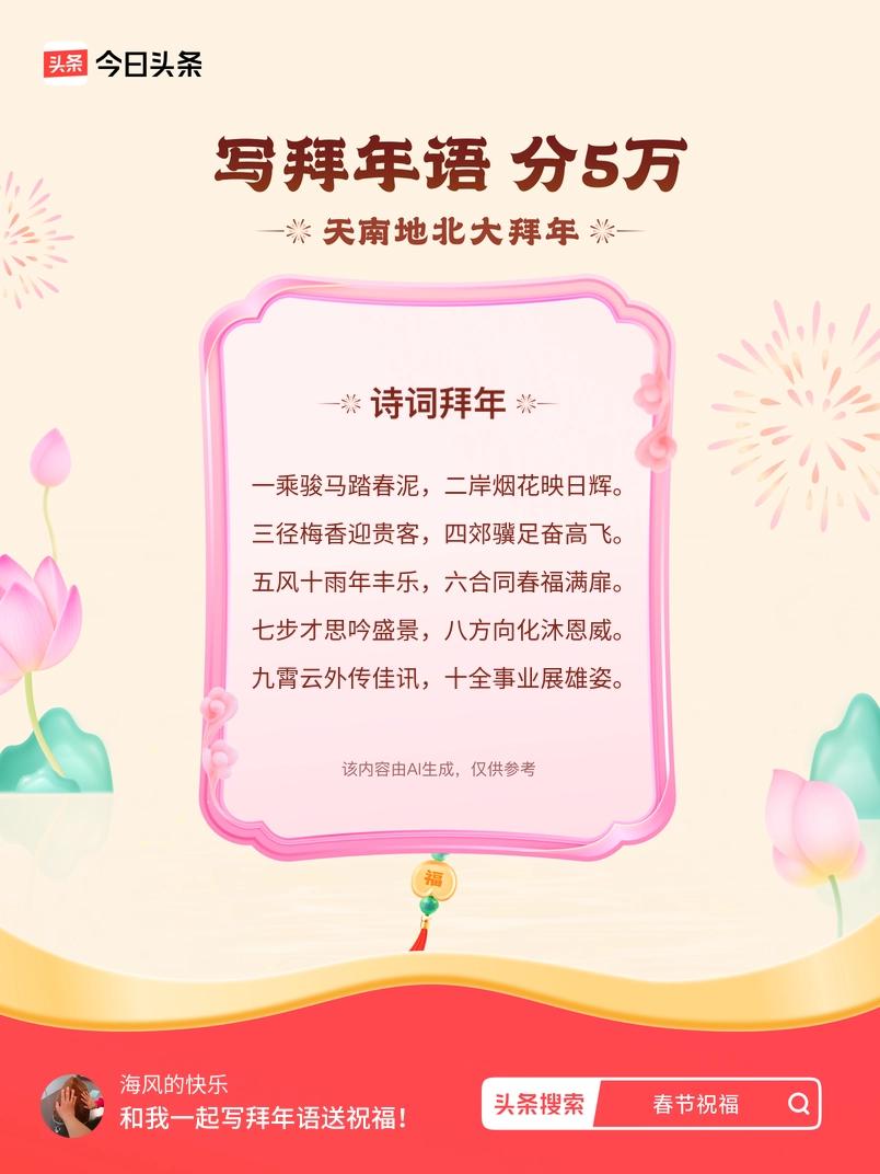 写拜年语送祝福新春拜年送祝福！我的祝福是：“一乘骏马踏春泥，二岸烟花映日辉。三径