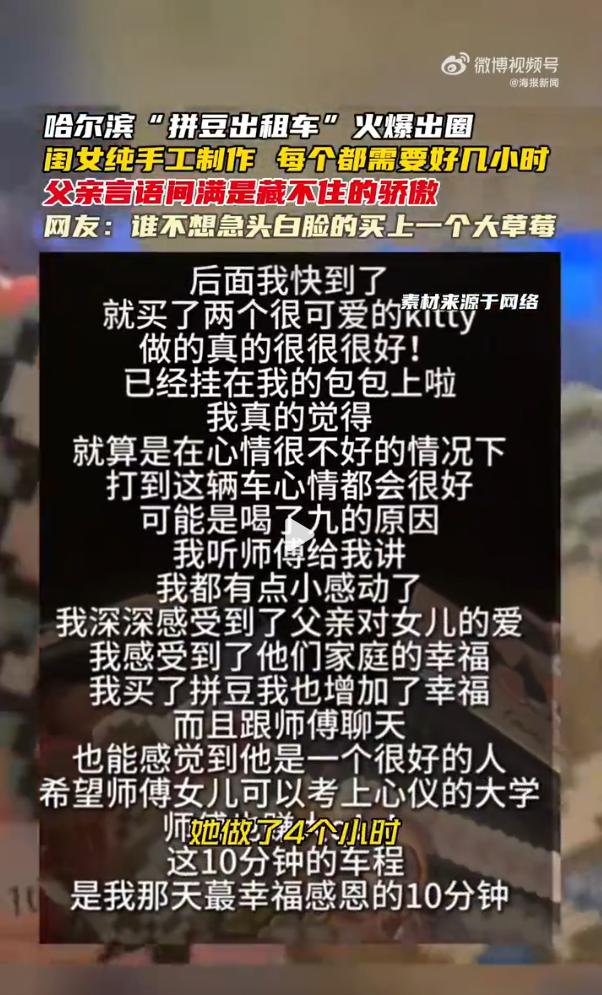 在哈尔滨的出租车司机李师傅，他的车上挂着 “拼豆专车” 牌子，他一边开车一边推销