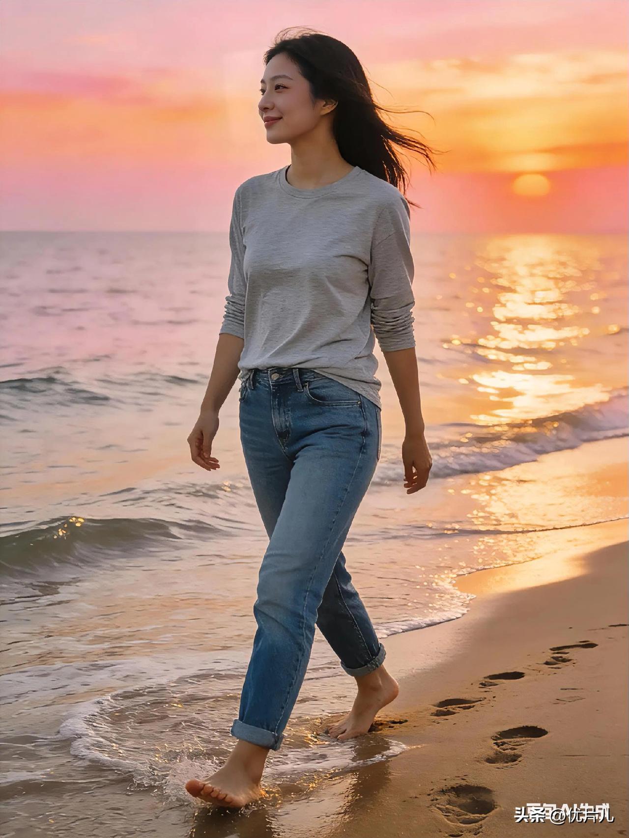 海风漫过脚踝时，突然懂了：
自信不是向世界证明“我能行”，是像这沙滩上的脚印，