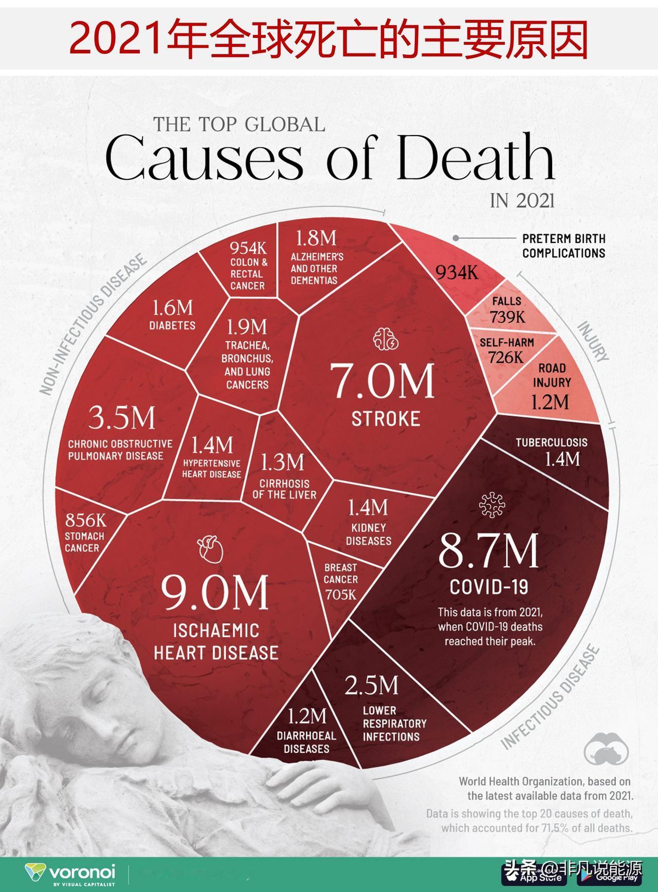 2021年全球有6800多万人死亡，死亡的主要原因是什么？

这张图表使用了世界