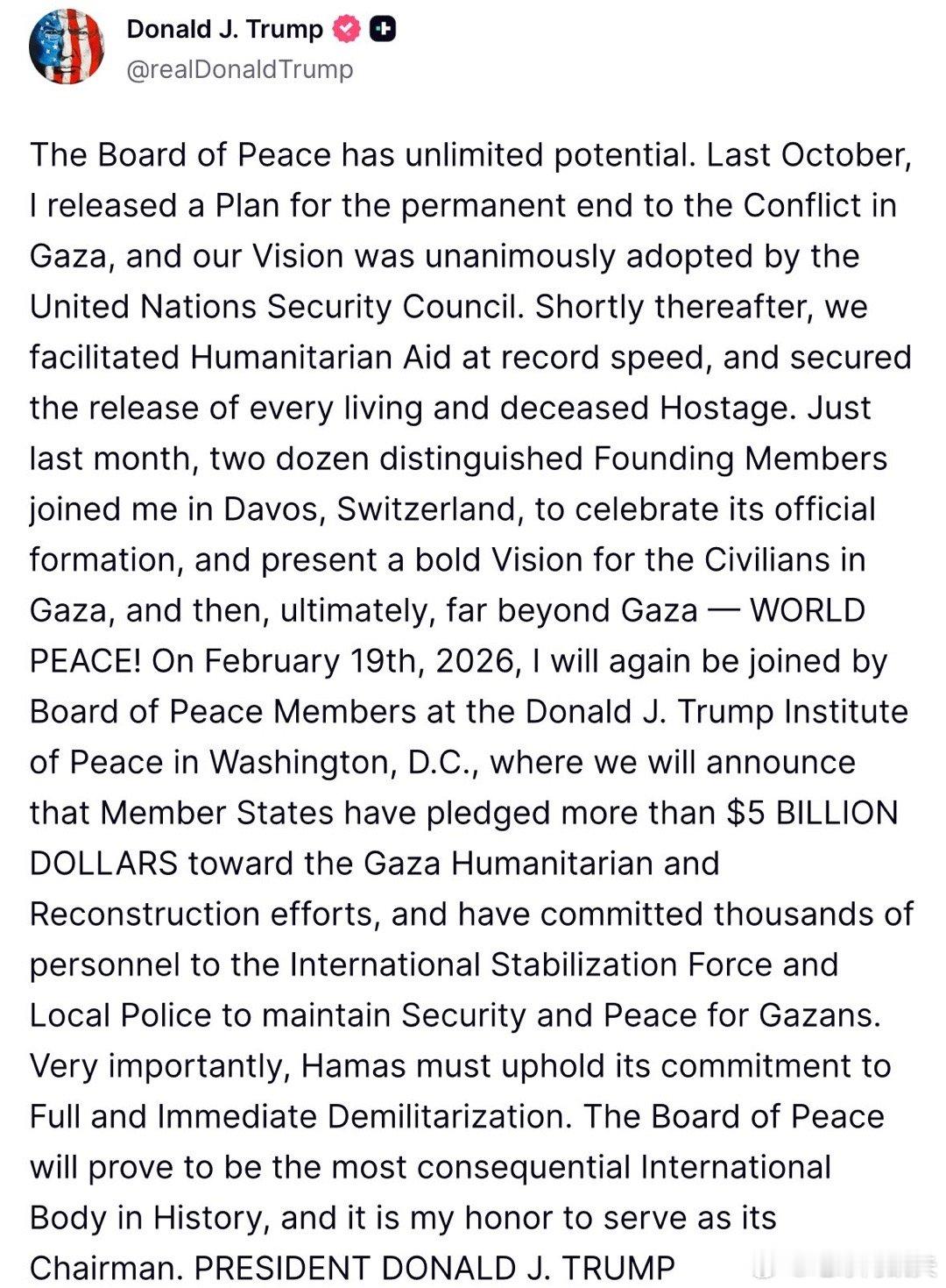 ‼️特朗普最新：“和平委员会（Board of Peace）拥有无限的潜力。去年